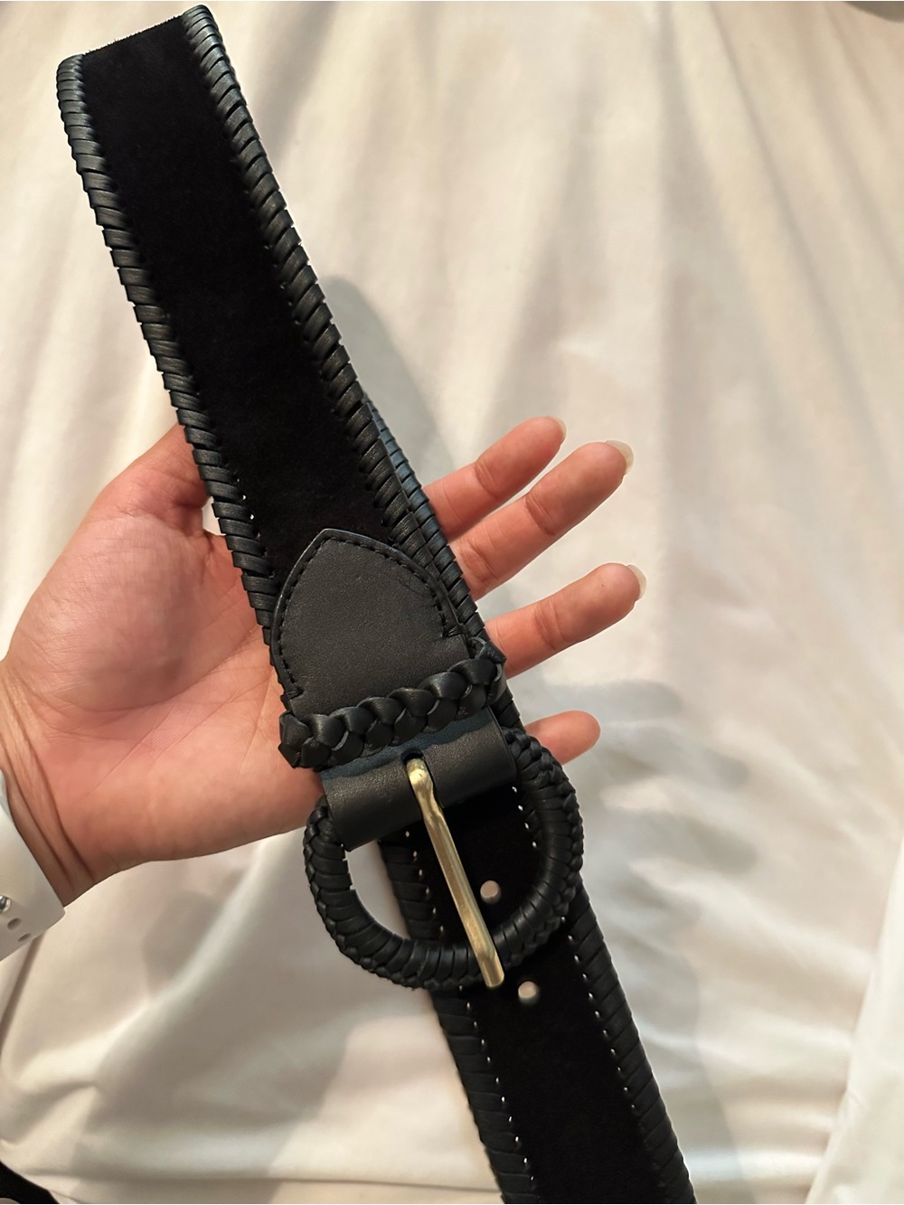 Boden Black Braided Leather Belt with Round Gold Buckle